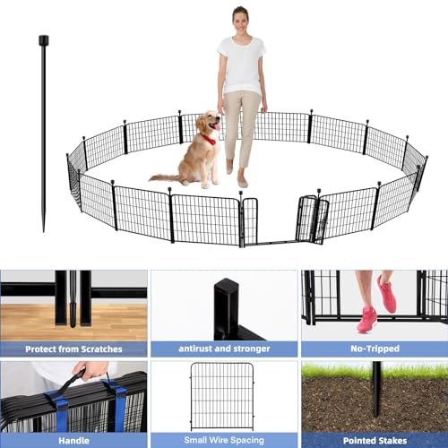 24 in(H) Garden Fence with Gate, 14 Panels Heavy Duty Iron Metal Animal Barrier Fence, Camping Fence, Garden Fences and Borders for Dogs,Total 34.5 Ft(L), Black (70 Sq Ft)