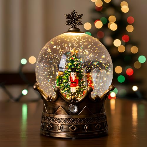 Christmas Snow Globe Lantern Water Glittering Nutcracker Crown with Music