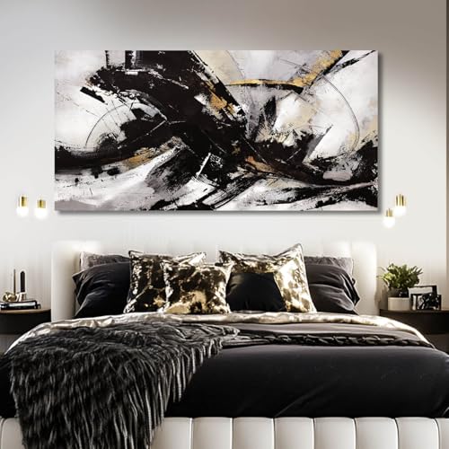 Abstract Wall Art for Living Room Canvas Wall Decor Large Artwork Black And Gold Wall Decorations Black Pictures for Wall 29"x58" (15 Count)