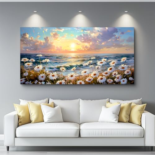 Large Wall Decor Canvas Painting Wall Art For Living Room Dining Room Bedroom Landscape Decor White Flowers Beach with waves Painting Print Artwork Picture Home Decor Aesthetics 24x48 In