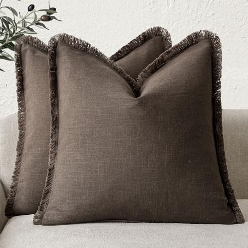 Decorative Linen Fringe Throw Pillow Covers 16×16 Reddish Brown (2 Count)