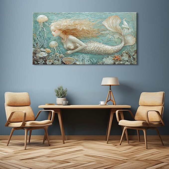 Ocean Mermaid Wall Art for Girls Room Modern Canvas Prints Marine Organism Underwater World Sea Creatures Artwork Paintings Women Bedroom Wall Decor
