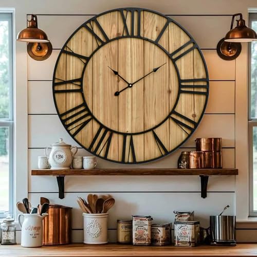 Large Farmhouse Wall Clock 24 Inch Vintage Brown Wooden Wall Clock with Quiet Ticking and Minimalist Roman Numerals for Bedroom Living Room Office Kitchen Home Decor
