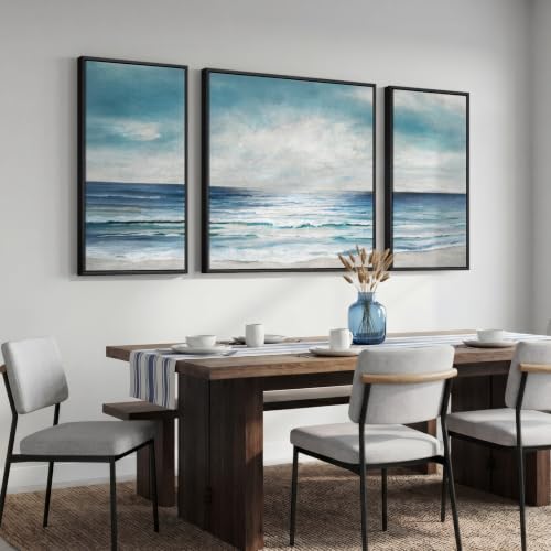 Extra Large Framed Blue White Coastal Wall Art for Living Room (3 Count)