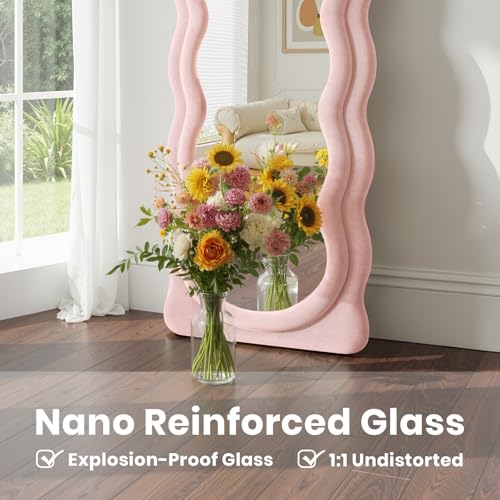 Full Length Mirror 63"x24" Irregular Wavy Full Body Wall Mounted Floor Mirror with Stand Pink Flannel Frame Leaning Hanging Wall for Bedroom Entrance Hallway