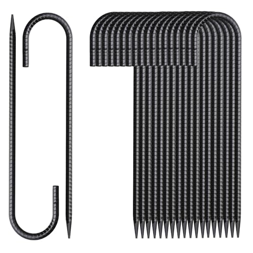 Rebar Stakes 16 Inch 20 Pack J Hook Ground Stakes Heavy Duty Tent Stakes Chain Link Fence Stakes with Chisel Point End Galvanized Steel Ground Anchors Metal Spikes Black Coated (20 Count)