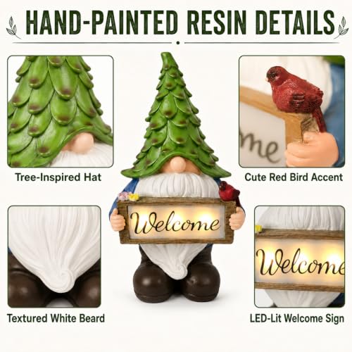 Solar Garden Gnome Statue with Welcome Sign