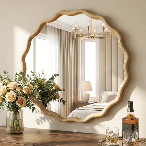 Round Wavy Wood Bathroom Vanity Mirror