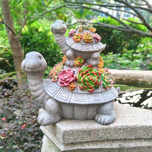 Large Turtle Solar Garden Outdoor Statues with Succulent and 6 LED Lights