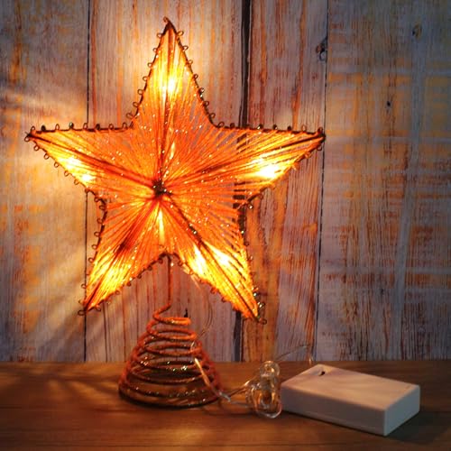 Orange Glittered 3D Tree Top Star with Warm White LED Lights and Timer for Christmas Tree Topper Decoration and Holiday Seasonal Décor
