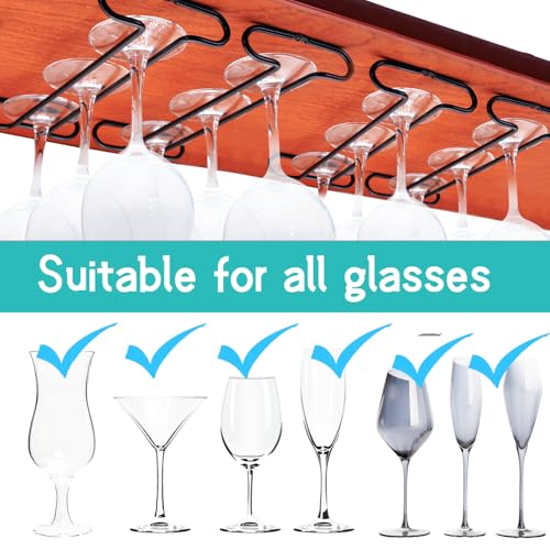 Wine Glass Rack Under Cabinet Shelf Glasses Holder Storage with Drying Stemware Rack Under Counter Metal Hanger Hanging Rack for Kitchen Black (4 Count)