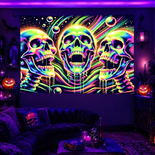 Blacklight Tapestry Skull Gothic Wall Hanging 78 x 59 Inch