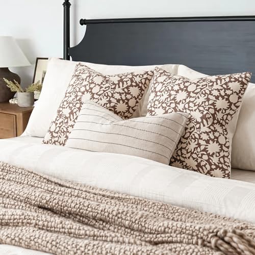 Set of 2 Decorative Neutral Floral Throw Pillow Covers Accent Farmhouse Cushion Covers Boho Vintage Pillowcase for Couch Sofa Bedroom Living Room Home Decor (2 Count)