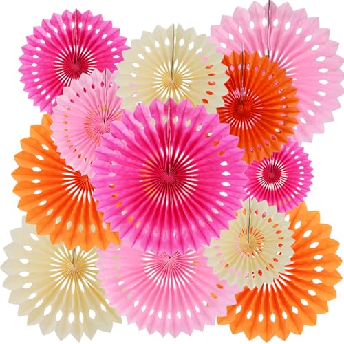 Honeycomb Round Paper Fans Pink Orange White Hanging Party Decor (12 Count)