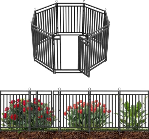 92ft (L) × 47in (H), 35 Panels & 5 Gates Garden Fence, Durable Outdoor Yard Barrier, Secure Garden Fencing, Weather-Resistant Fence for Privacy & Decoration, Black-Silver