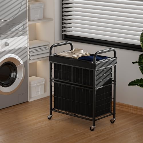 110L Rolling laundry Sorter Hamper Basket 2 Section with Wheels