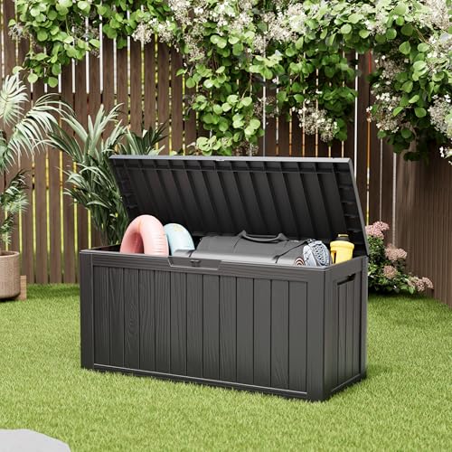 Deck Box 82 Gallon Resin Indoor and Outdoor Storage Box Waterproof for Garden Tools