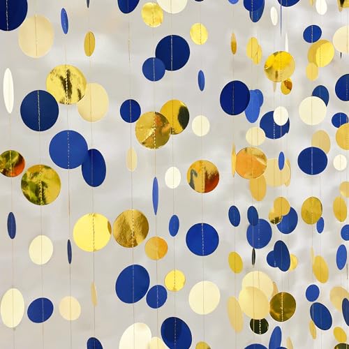 Navy Blue and Gold Circle Dots Garland Royal Blue Hanging Paper Polka Dot Streamer for Birthday Wedding Bridal Shower Graduations Nautical Ahoy Achor Pirate Themed Party Decorations Supplies