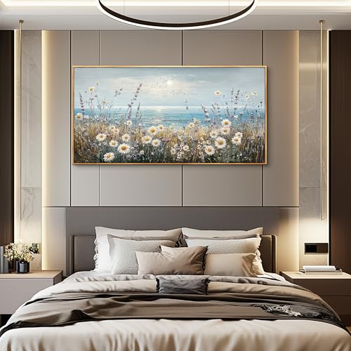 Large Canvas Wall Decor For Living Room Restaurant Wall Art For Bedroom Office Mural Blue Ocean Painting Flowers Watercolour Wall Pictures Printing Artworks Home Decor Wood Framed 24x48In