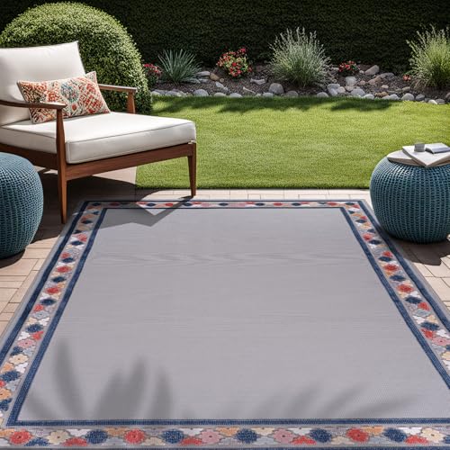 Outdoor Rug 4x6 Modern Bordered Area Rugs for Indoor and Outdoor Patio Easy to Clean Non Shedding Living Room Porch Garden Washable Outside Carpet (24 Sq Ft)