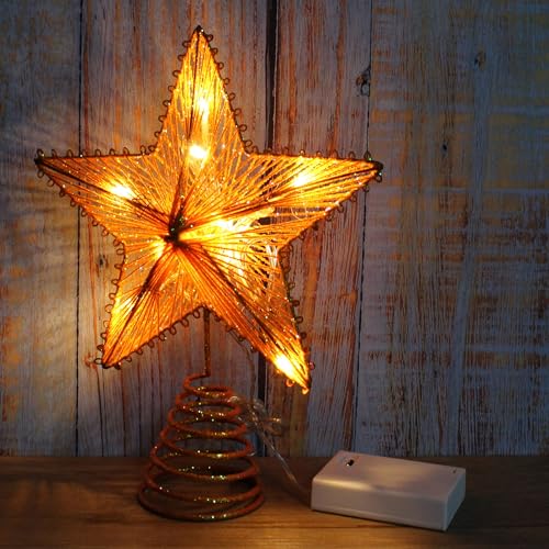 Champagne Gold Glittered 3D Tree Top Star with Warm White LED Lights and Timer for Christmas Tree Topper Decoration and Holiday Seasonal Décor