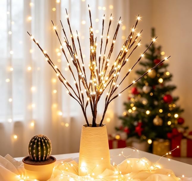 10Pack Led Branch Light Battery Operated Lighted Branch Vase Filler Willow Tree Artificial Little Twig Power Brown 30 Inch 20 LED for Home Romantic Decoration