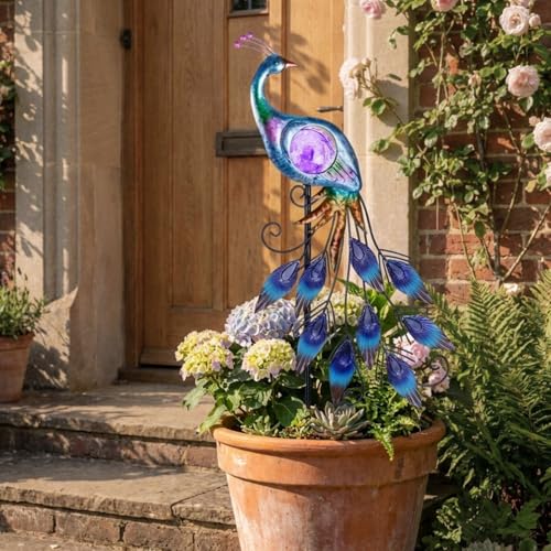 Solar Peacock Metal Garden Stake Outdoor Light 33"