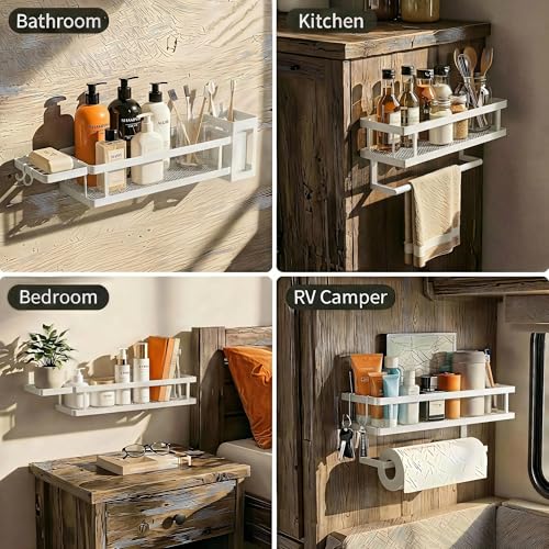 5-in-1 Shower Caddy & Kitchen Organizer Set, Wall Mount Wide Spice Rack with Paper Towel Holder, Utensil Holder, Soap Dish, Rustproof Mesh Baskets Hold 50LBS - Silver Gray, Guardrail
