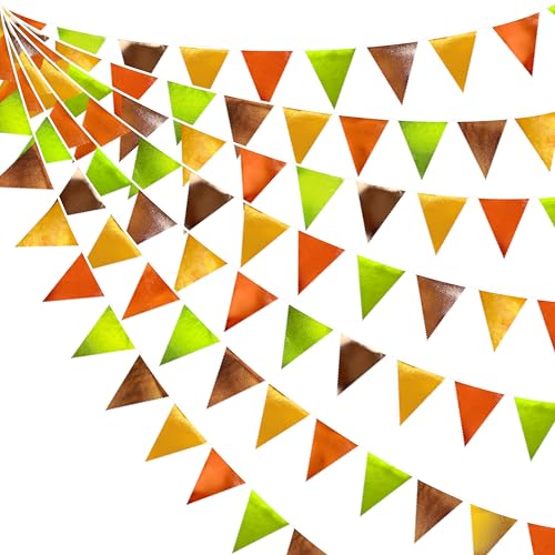 Fall Party Decorations Orange Green Gold Brown Metallic Fabric Triangle Pennant Flag Bunting Banner for Fall Autumn Thanksgiving Wedding Birthday Baby Shower Bridal Shower Engagement Party Supplies (36 Count)