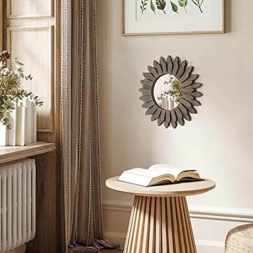 Farmhouse Wall Decor Mirror 12 inch Sunburst Boho Wood Mirror Rustic Home Decor Room Decoration for Bedroom Living Room Weathered Grey