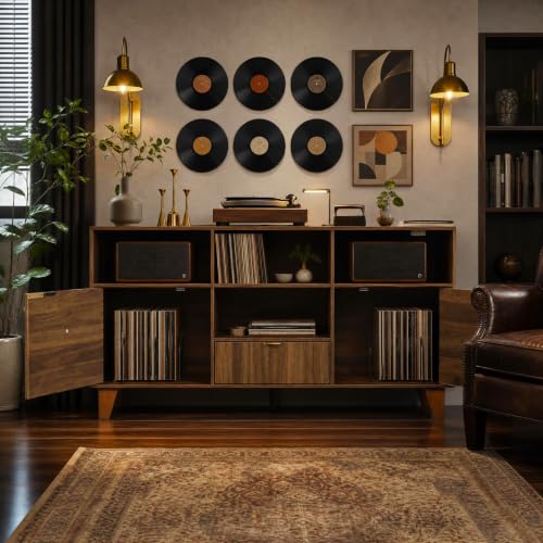 Large Round Record Player Stand with Vinyl Record Storage & Charging Station