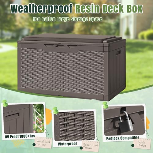 100 Gallon Resin Deck Box Large Outdoor Storage with Cushions for Patio Furniture