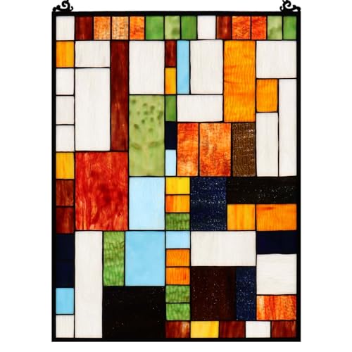 Geometric Color Block Tiffany Style Stained Glass Window Panel with Hanging Chain