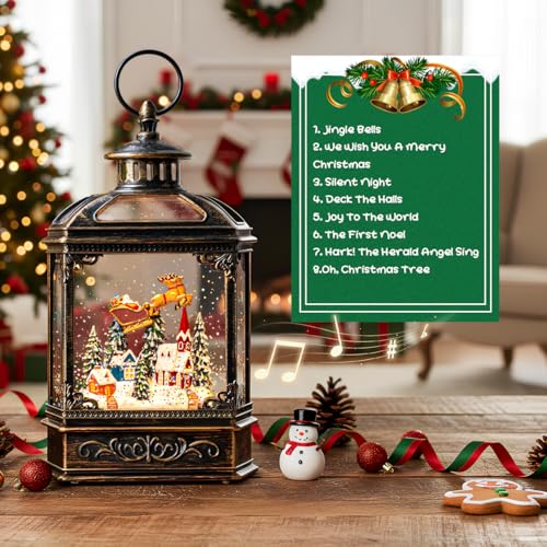 Christmas Snow Globe Swirling Glittering Lantern Santa Flying with Reindeer