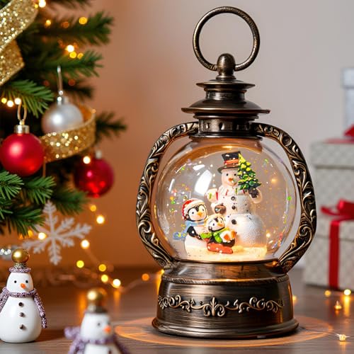 Christmas Snow Globe Lantern Water Glittering Snowman & Penguins with Music & Timer