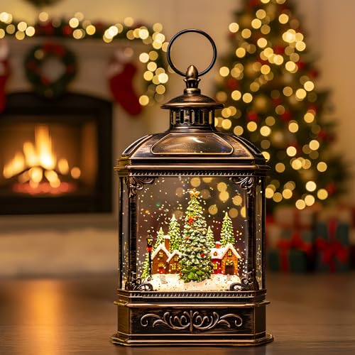 Christmas Snow Globe Lantern Water Glittering Xmas Village with Music & Timer