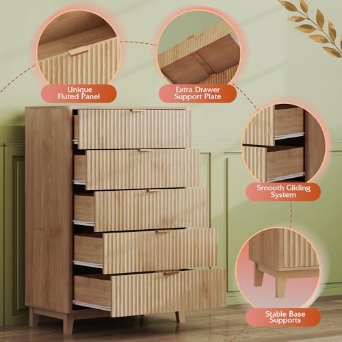 Fluted Dresser for Bedroom with 5 Drawers