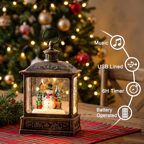 Christmas Snow Globe Lantern Water Glittering North Pole Snowman with Music & Timer