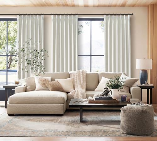 Linen Pinch Pleated Blackout Curtains Beige White Room Darkening Curtains 96 Inches Long (2 Count)