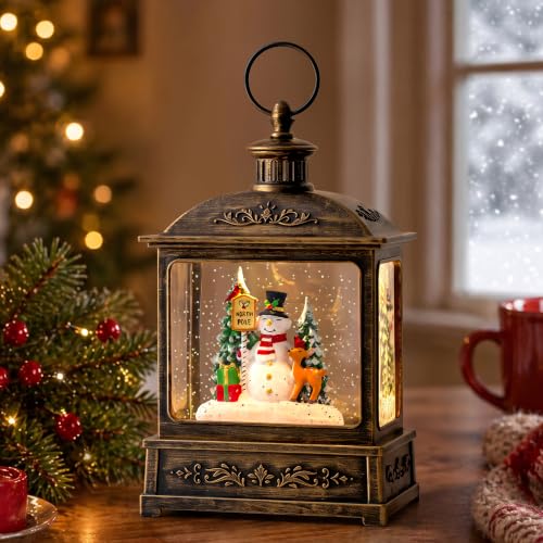 Christmas Snow Globe Lantern Water Glittering North Pole Snowman with Music & Timer