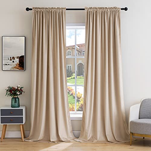 Camel Beige Blackout Velvet Curtains Drapes 96 Inch Long 52"x96" (2 Count)