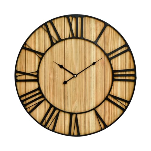 Large Farmhouse Wall Clock 24 Inch Vintage Brown Wooden Wall Clock with Quiet Ticking and Minimalist Roman Numerals for Bedroom Living Room Office Kitchen Home Decor