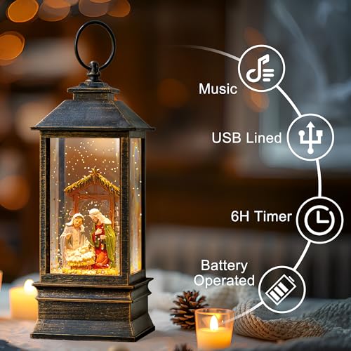 Christmas Snow Globe Water Lantern with Nativity Scene Battery Operated or USB Powered Musical Lighted Holiday Decoration for Tabletop Display for Family and Friends