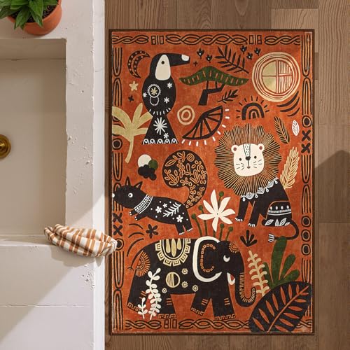2x3 Cute Area Rug Kids Washable Fun Rug Terracotta Boho Jungle Mat (6 Sq Ft)