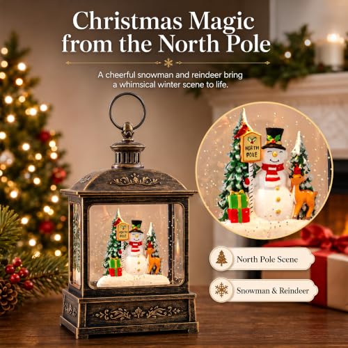 Christmas Snow Globe Lantern Water Glittering North Pole Snowman with Music & Timer