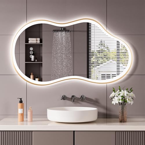 26''x46'' Irregular LED Bathroom Mirror with Lights & Gold Frame