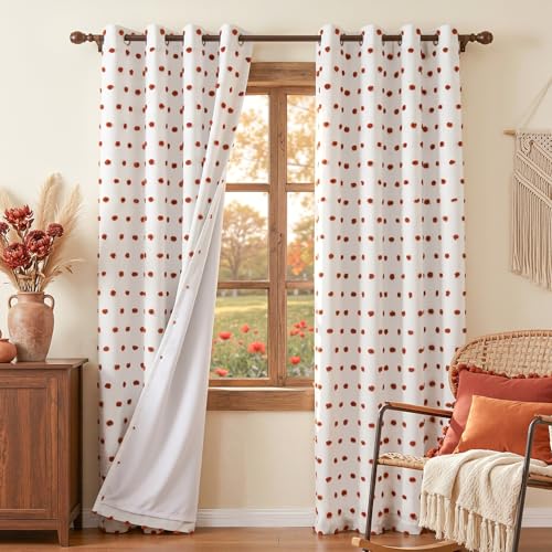 Blackout Bohemian Curtains for Bedroom Thermal Insulated Brick Red Pom Pom Curtain 72 Inch Long for Girls Room White Sheer Drapes for Dining Room Door Grommet