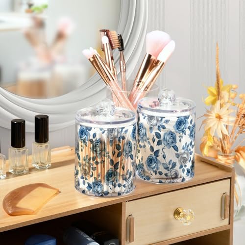 2 Pack Qtip Holder Organizer Dispenser Roses Blue Grey Bathroom Storage Canister Cotton Ball Holder Container for Cotton Pads (2 Count)