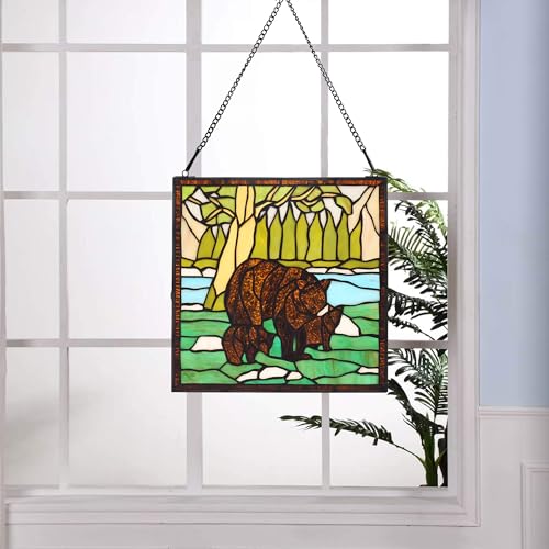 Stained Glass Window Hanging 12" Square Tiffany Animal Style Brown Bears Suncatcher Wall Decor Art Panel Includes 20" Chain and Hooks The Perfect Housewarming Gift