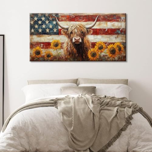 Country Highland Cow Wall Art for Living Room Rustic Retro Vintage American Flag Sunflower Canvas Painting Prints Highland Cattle Artwork Farmhouse Bedroom Office Decor